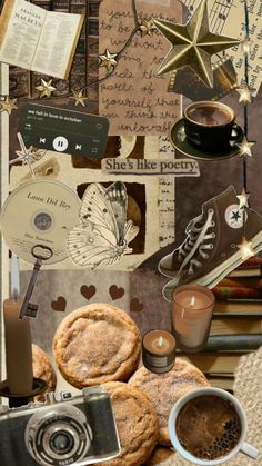 a collage of photos with cookies, coffee and other items