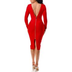 Details Curve Hugging Zipper Midi Bandage Dress Color: Red Length: Approx. 42" Medium Material: 97% Polyester 3% Spandex Model: Size Small Red Stretch Dress With Back Zipper, V-neck Bodycon Dress With Side Zipper For Night Out, Fitted V-neck Bodycon Dress With Side Zipper, Fitted Bodycon Dress With V-neck And Side Zipper, Red Fitted Bodycon Dress For Club, Red Stretch Bandage Dress, Red Fitted Dress With Back Zipper, Fitted Red Dress With Back Zipper, Red Dress With Back Zipper For Night Out