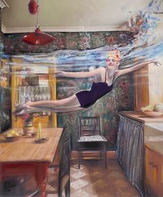 a painting of a woman diving into a kitchen