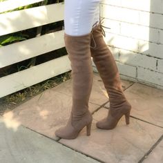 Faux Suede Thigh High Boots With 3.5" Stacked Heel And Functional Lace Tie At Top Opening. Material Is Stretchy. No Zipper. Actual Color Is Taupe. Fitted Beige Knee-high Boots For Fall, Trendy Beige Knee-high Boots For Fall, Brown Knee-high Boots For Spring, Trendy Over-the-knee Heeled Boots For Spring, Trendy Spring Over-the-knee Boots, Beige Over-the-knee Boots For Fall, Fall Beige Over-the-knee Boots, Forever 21 Boots For Fall Party, Trendy Forever 21 Boots For Fall