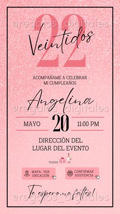 a pink and black birthday party card with the number twenty two in spanish on it