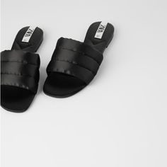 Genuine Zara New With Tag Color: Black Simple & Chic. Comfortable Quilted Straps. Parisian Vibes, Euro Size 38 Cheap Zara Leather Sandals, Zara Black Sandals For Summer, Zara Black Flat Heel Sandals, Parisian Vibes, Zara New, Simple Chic, Zara Shoes, Zara Black, Slides