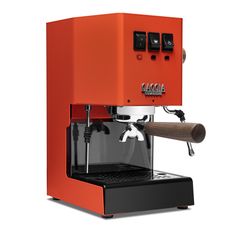 Gaggia Classic Pro E24 Lobster Red front angle with walnut || Lobster Red Gaggia Classic Pro, Espresso Machine Design, Tea Brewer, Espresso Grinder, Drip Coffee Makers, Manual Coffee Grinder, Tiger Maple, Espresso Beans, Decaf Coffee