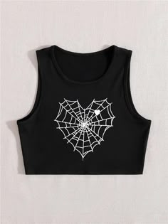 Teonclothingshop Women's gothic t-shirt with cobweb print in the shape of a heart Gothic Tops With Letter Print, Black Stretch Halloween Tops, Black Stretch Top For Halloween, Black Stretch Tops For Halloween, Black Grunge Tops With Heart Graphic, Black Grunge Top With Heart Graphic, Black Y2k Top With Heart Graphic, Y2k Black Top With Heart Graphic, Black Sleeveless Emo Tops