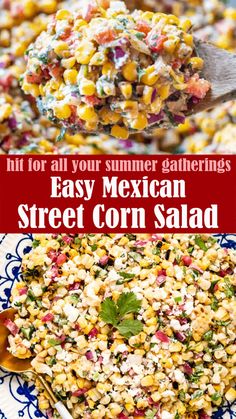 mexican street corn salad on a blue and white plate with text overlay that reads, hit for all your summer gatherings easy mexican street corn salad