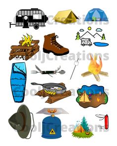 an image of camping related items in the form of a collage on white background