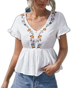 Summer V-neck Blouse With Floral Embroidery, Embroidered V-neck Top For Day Out, Vintage White V-neck Top, White Short Sleeve Embroidered Spring Top, White Short Sleeve Embroidered Top For Spring, White Embroidered Short Sleeve Top For Spring, White Embroidered Top With Short Sleeves For Spring, V-neck Tops With Floral Embroidery For Day Out, Fitted V-neck Embroidered Top For Spring