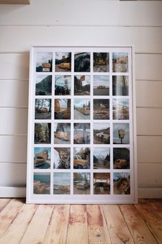 a white framed photo with many pictures on it in front of a wooden floor and wall