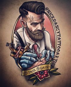 a man with a beard and tattoos on his arm is holding scissors in front of an oval