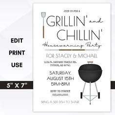 the grillin and chillin birthday party is set up on a white background with black lettering