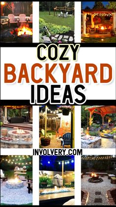 the cover of cozy backyard ideas, with pictures of fire pit and patio furniture in it