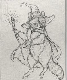 a drawing of a raccoon dressed as a wizard holding a wand and wearing a hat