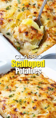 a casserole dish with potatoes in it and the title below reads classic scalloped potatoes