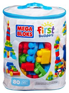 the mega blocks first builder bag is packed with colorful legos and building blocks in it