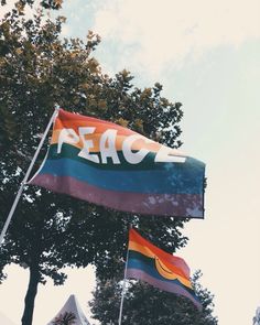 two flags with peace written on them flying in the wind next to trees and blue sky