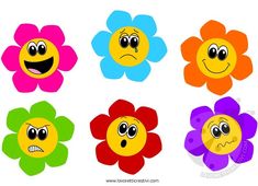 four different colored flowers with faces drawn on them, one is frowning and the other has an