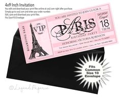 a pink and black ticket with the eiffel tower on it's side