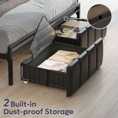 two built - in dust - proof storage bins are placed on the floor next to a bed