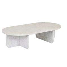 a white marble coffee table with an oval shaped design on the top and two legs