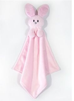 a pink teddy bear with ears wrapped in a blanket on a white background, hanging from the wall