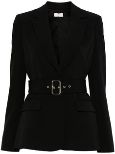 black cady texture front button fastening notched lapels shoulder pads long sleeves split cuffs dart detailing belted waist two side flap pockets Italian rear vents full lining straight hem