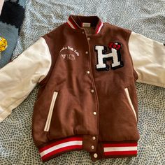 Brand New With Tags Brown Varsity Jacket, Letterman Jacket, Apples, Varsity Jacket, Mens Jackets, Bomber Jacket, Hello Kitty, Jackets For Women, Jackets & Coats