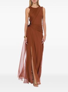 Earth Tones Bridesmaids, Silk Dress Brown, Draped Silk Dress, Chiffon Long Dress, 27 Dresses, Chain Dress, Versace Outfit, Women Encouragement, Silk Gown