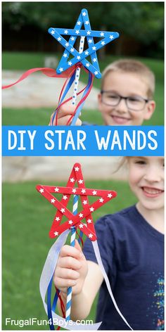 a boy holding up a red, white and blue star wand with the words diy star wands on it