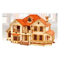 a wooden model of a house with red roof and brown shutters on the second floor