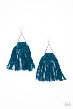 Blue threaded tassels ornately knot at the bottom of a shimmery silver triangular frame, creating a macrame inspired fringe. Earring attaches to a standard fishhook fitting.

 Sold as one pair of earrings. Blue Tassel Earrings, Fringe Earring, Chic Necklace, Blue Tassel, Macrame Earrings, Stylish Bracelet, Paparazzi Accessories, Macrame Design, Paparazzi Jewelry