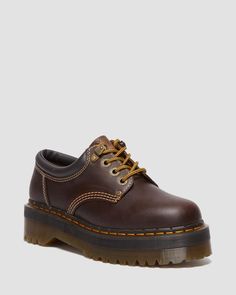 Shop 8053 Quad II Crazy Horse Leather Platform Shoes in Dark Brown at Dr. Martens. Free delivery on orders over £50 8053 Quad, Docs Shoes, Dr Martens 8053, Doc Martens Shoes, Combat Boot, Crazy Horse, Goodyear Welt, Boots For Sale, Looks Vintage