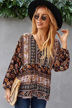 Black Floral Print Loose Drawstring V Neck Blouse Black Long Sleeve Top With Boho Print, Black Bohemian Printed Blouse, Black Boho Print Tops For Spring, Spring Black Boho Print Tops, Black Bohemian Tops With Boho Print, Black Bohemian Top With Boho Print, Black Bohemian Blouse With Floral Print, Velvet Sweatshirt, Black Floral Print