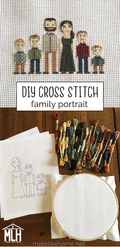 the cross stitch family portrait is displayed on a table next to some crochet