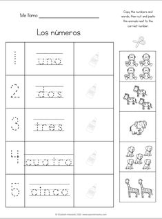 a worksheet with the words los numerros and an image of animals