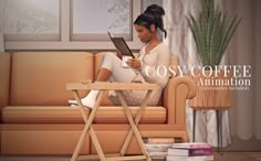 a woman sitting on a couch reading a book next to a table with books and a potted plant