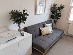 a living room with a couch, printer and two potted plants next to it