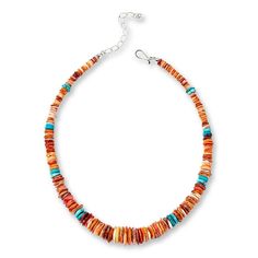 a multicolored beaded necklace on a white background with a silver hook clasp