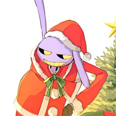 a cartoon character wearing a santa hat and holding a christmas tree