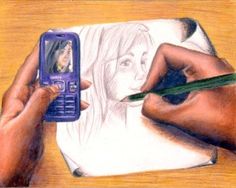 two hands holding a cell phone and drawing a woman's face