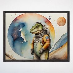 a watercolor painting of a dinosaur in an astronaut's suit with mountains and planets behind it