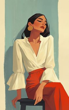 a painting of a woman sitting on a stool wearing a white shirt and red skirt