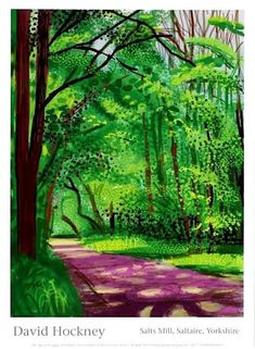 a painting of a path through a forest filled with green trees and purple carpeted ground