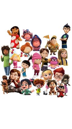 many different cartoon characters are grouped together