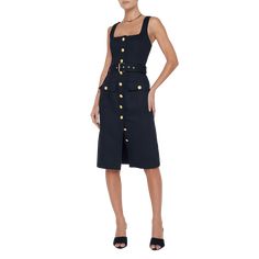 L'Agence "Idy" tailored tank dress adorned with golden embossed-dome buttons  Square neckline; button front Sleeveless Adjustable belt Hip flap pockets Hem hits around the knee Cotton Dry clean Imported Luxury Midi-length Dress With Buttons, Luxury Knee-length Buttoned Dress, Luxury Midi Dress With Buttons, Elegant Knee-length Belted Dress With Button Closure, Elegant Work Dresses With Gold Buttons, Elegant Dresses With Gold Buttons For Work, Chic Fitted Belted Dress With Button Closure, Sleeveless Summer Dresses With Belt Loops, Chic Knee-length Dresses With Gold Buttons