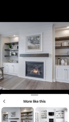 an image of a living room with fireplace and built in shelving