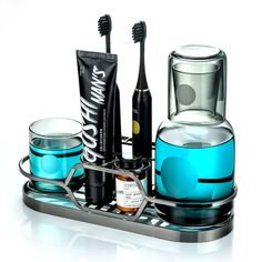 PRICES MAY VARY. Title: 25 OZ Mouthwash Dispenser Bottle with Stainless Steel Toothbrush Holder, Mouthwash Decanter Glass Water Carafe Set for Bathroom,Bedside, Nightstand with Accessories Organizer. Product Type: Categories > Bath > Bathroom Accessories > Holders & Dispensers > Dispensers > Lotion Dispensers Store Mouthwash On Counter, Mouthwash Decanter, Glass Water Carafe, Mouthwash Dispenser, Stainless Steel Bathroom Accessories, Bedside Water Carafe, Electronic Toothbrush, Carafe Set, Toothbrush And Toothpaste Holder