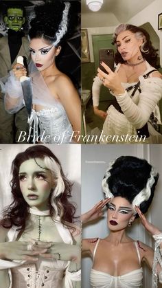 three different pictures of women in costumes and make - up, one is holding a knife