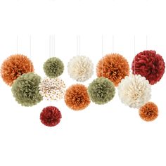 a bunch of different colored pom poms hanging from strings