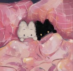 a painting of a cat laying on top of a pink blanket