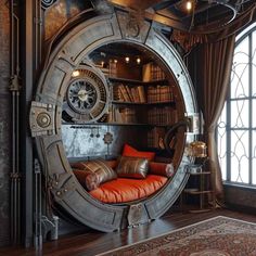 a living room with a couch and bookshelf in the shape of a portal